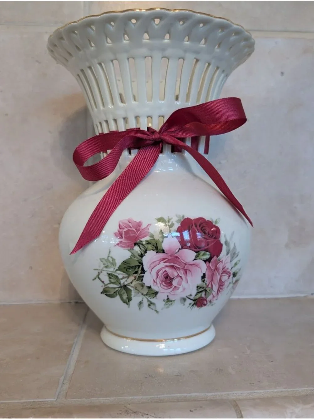 Formalities by Baum Bros. Victorian Rose Reticulated Porcelain Vase Elegant
